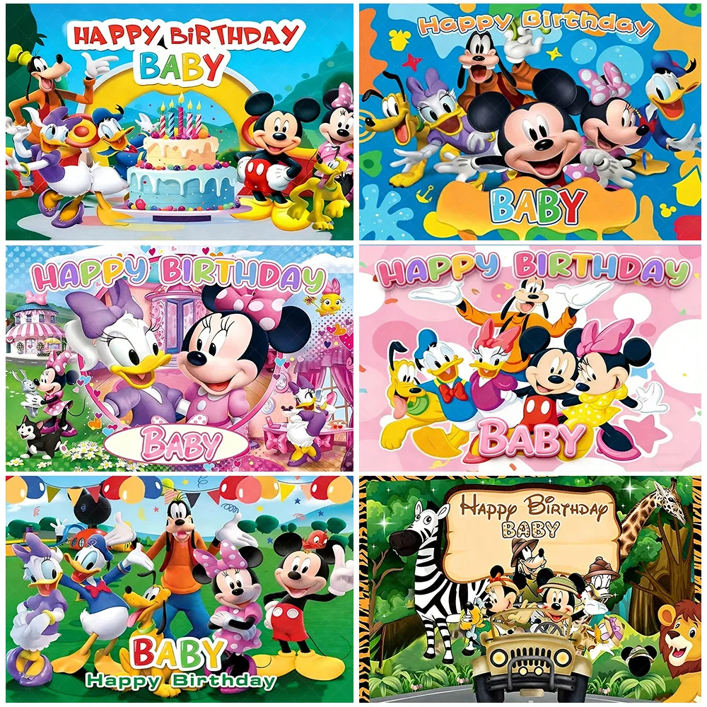 

Cute Minnie Mickey Mouse Friend Backdrop Happy Birthday Baby Photo Background Kid Birthday Party Decoration Baby Shower Sspplies