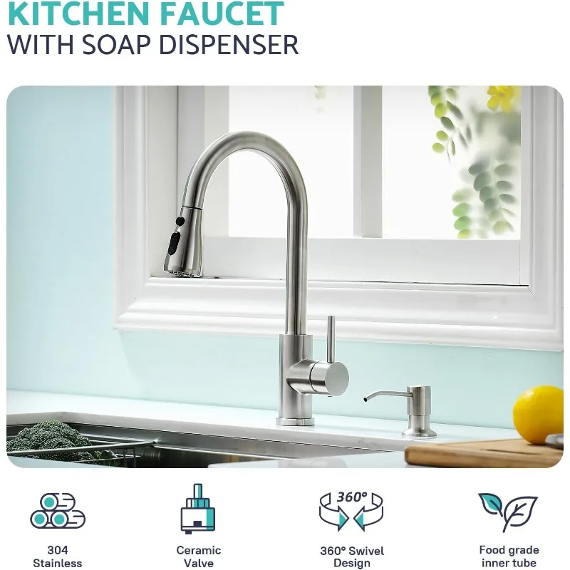 Kicimpro Kitchen Sink Faucet with Soap Dispenser, 3 Modes Kitchen Faucet with Pull Down Sprayer and Soap Dispenser