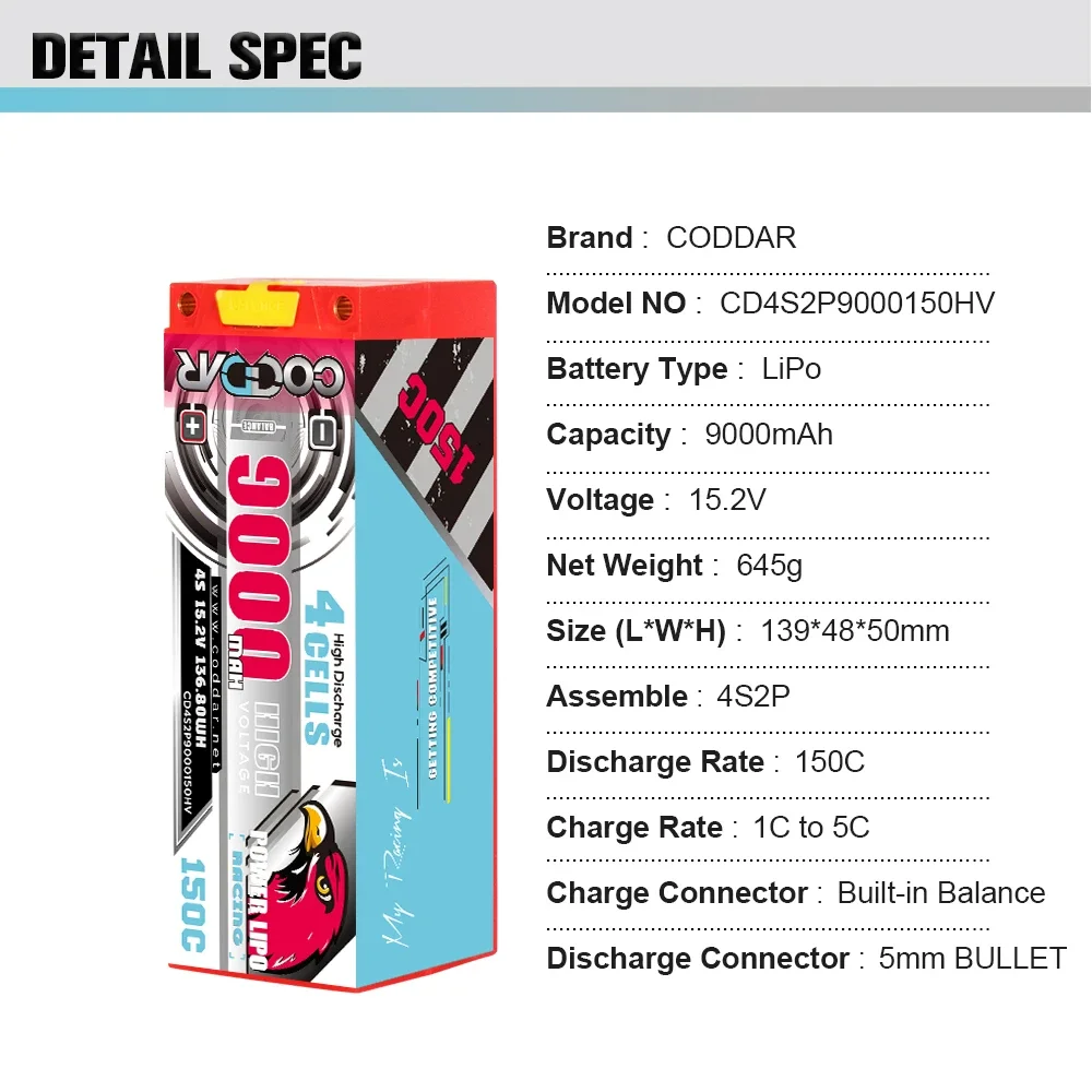 CODDAR 9000mAh 150C 4S 15.2V HV Lipo Battery 5mm Bullet For RC Cars for 1/8 Vehicles Racing Tank Truck Truggy Buggy Model