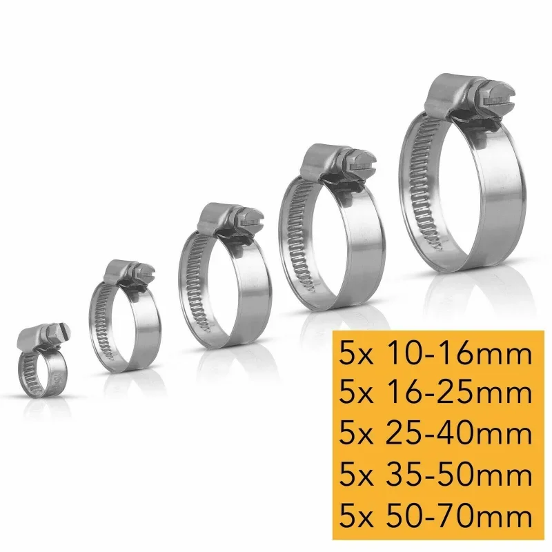 25pcs Stainless Steel Hose Pipe Clamps 16mm-70mm Cross German Hose Clamp Clips for Air Hose Water Pipe Fuel Hose 5 Sizes