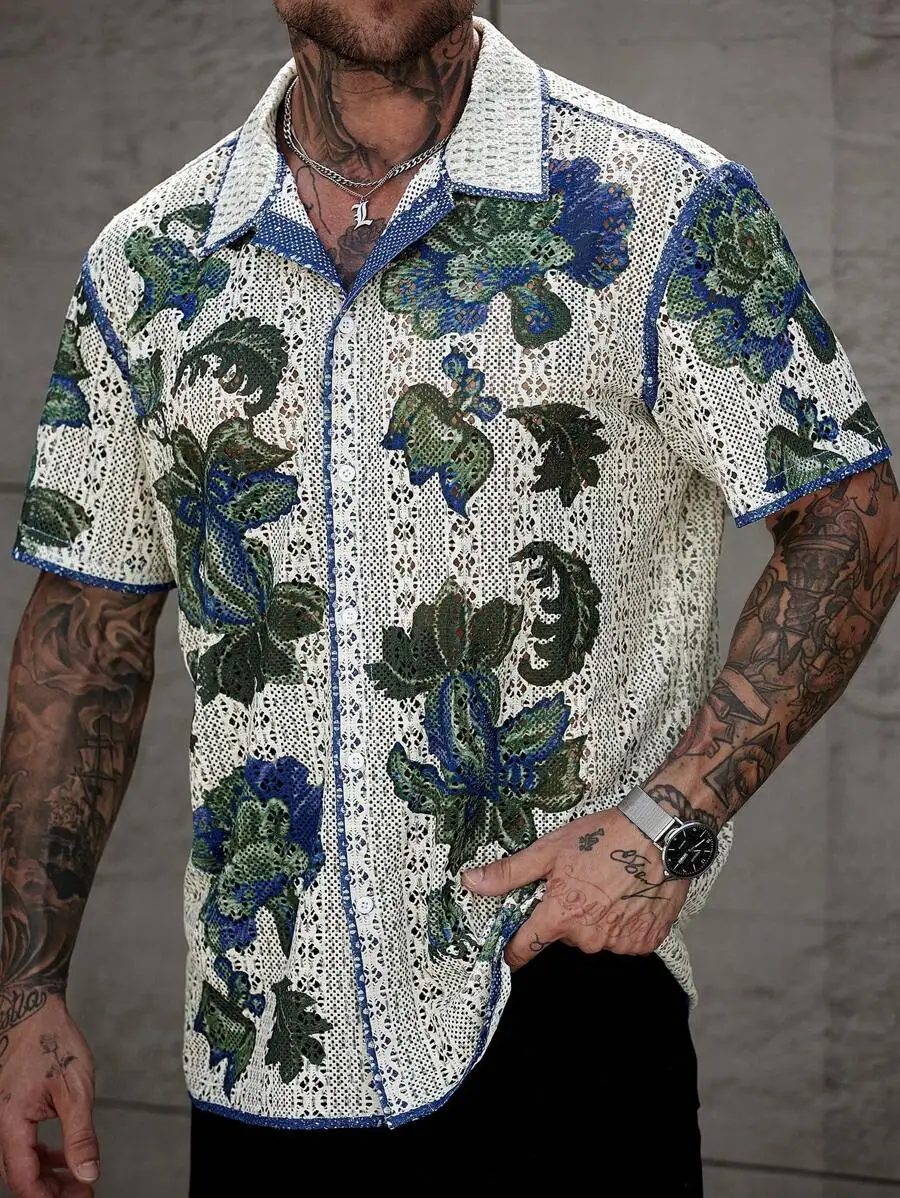 

Men's Summer Floral Perforated Lace Knit Button-Front Short Sleeve Shirt