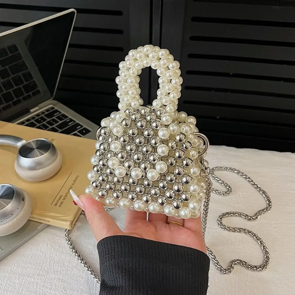 Tas Selempang Kompak Berhias Mutiara Desain Rantai Tali Bahu Bergaya Tas Bahu Bergesper Tas Tangan Serbaguna