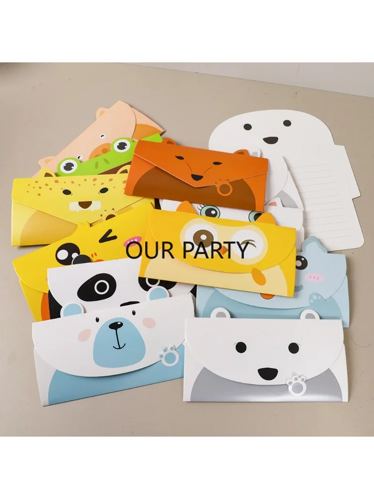 Carte de vœux pliante sur le thème des animaux de dessin animé, 12 pièces, enveloppe, carte d'invitation pour enfants, décoration de fête d'anniversaire, réception-cadeau pour bébé