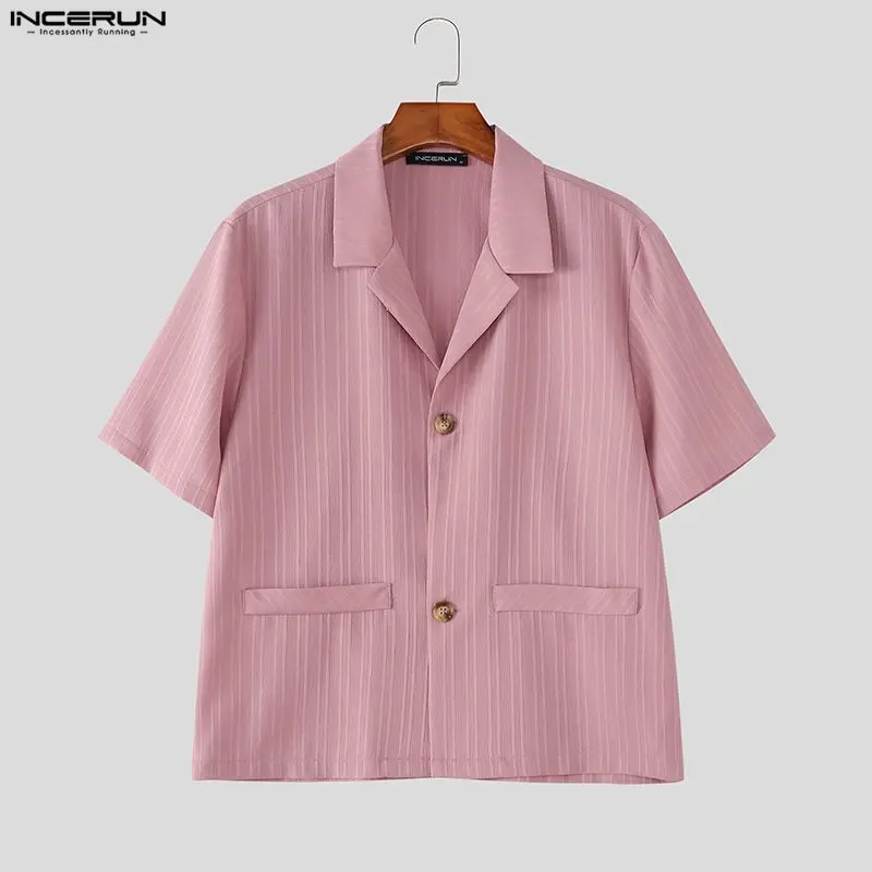 

INCERUN Men Blazer Striped Lapel Short Sleeve Button Casual Male Suits Streetwear Loose 2026 Korean Style Fashion Leisure Blazer