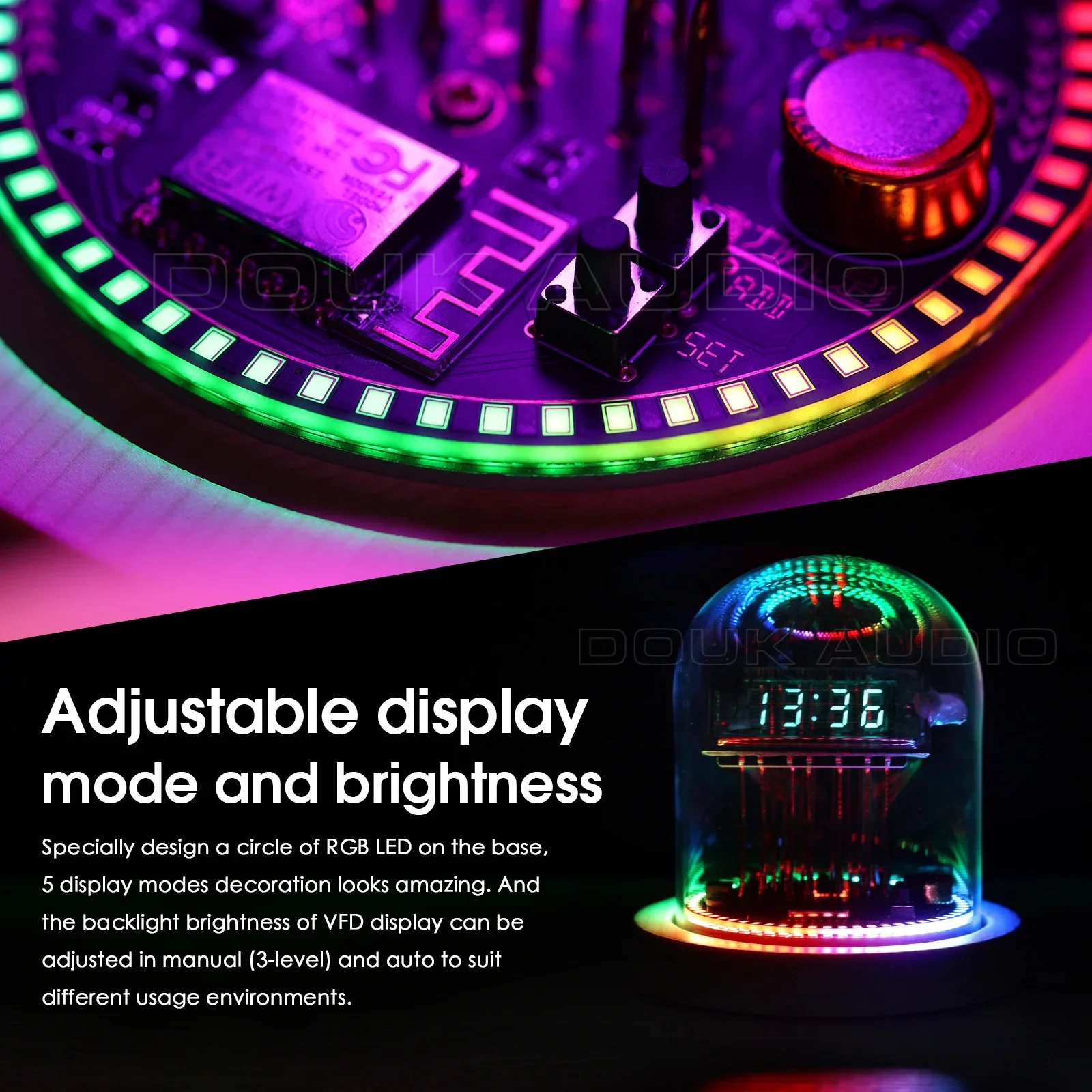 Douk Audio Vintage VFD Clock WIFI RGB LED Home Mantel & Shelf Clock Refer Nixie Tube Clock Desktop Decor Gift