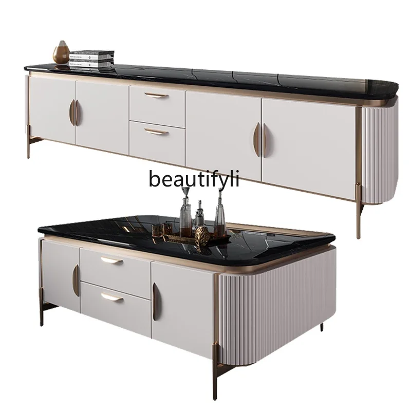 light luxury TV cabinet coffee table combination modern simple audio-visual cabinet paint living room marble floor cabinet