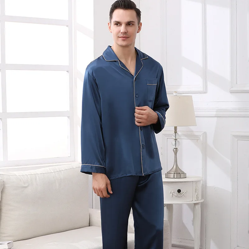 100% Silk Pajama Set for Men Spring and Summer Luxury Men's 100% Mulberry 19 Momme Silk Long-Sleeved 2pcsHome Wear Set Sleepwear
