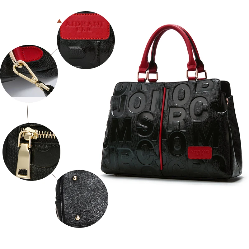 Aidrani Fashionable women\'s handbag with large capacity black letter print pattern made of high-quality cowhide