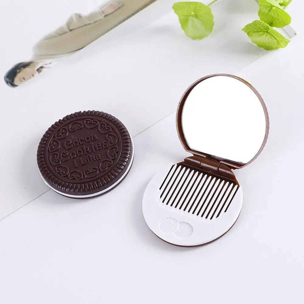 Mini Chocolate Cookie Mirror Biscuits Shape Vanity Mirror Makeup Mirror with Comb Hairdressing Hair Styling Tool
