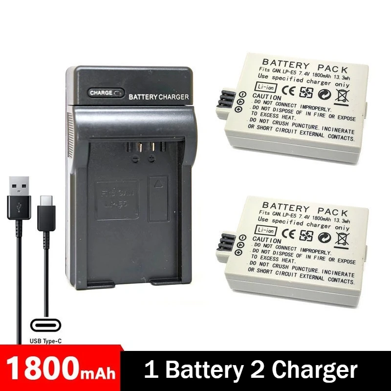 بطارية 7.4 فولت 1800 مللي أمبير في الساعة LP-E5 LPE5 مع شاحن USB من النوع C لكاميرات كانون EOS 450D 500D 1000D 2000D KISS F X2 X3 XS