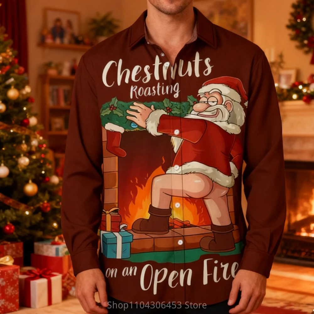 2025 Men's Christmas New Year Cartoon Funny Santa Claus Festive 3D Printing Lining Holiday Party Autumn and Winter New Gift Top