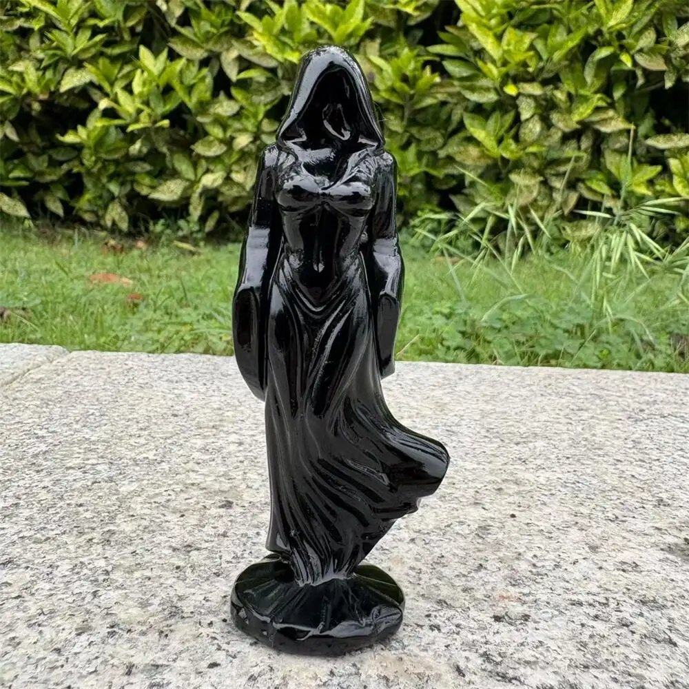 Natural 10cm Black Robe Woman Statue Carving Energy Healing Polished Mineral Home Decor Ornament Figurine
