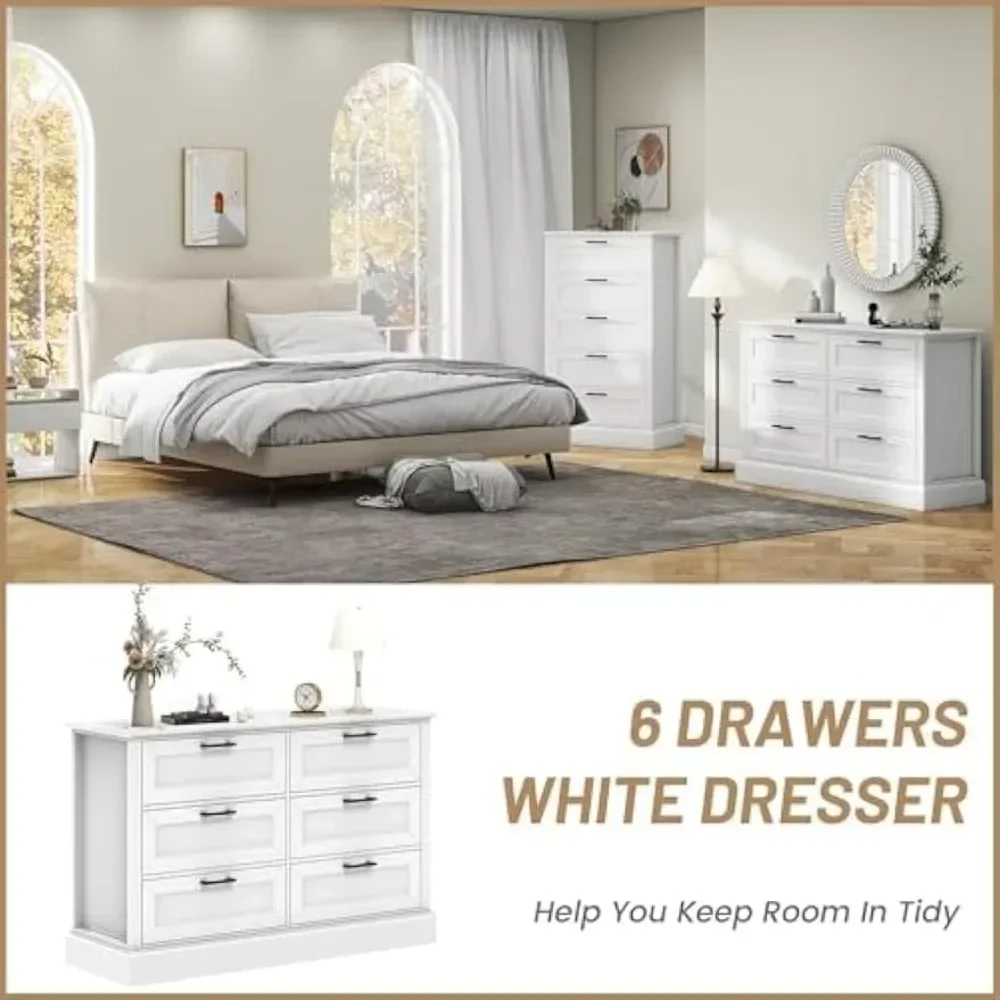 خزانة ملابس بيضاء لغرفة النوم ، 6 أدراج ، خزانة أدراج حديثة مع أدراج عميقة ، خزانة خشبية مزدوجة لتخزين الملابس