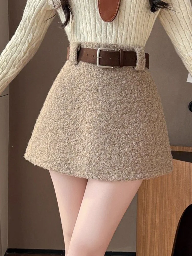 Chic Belt Faux Lamb Mini Skirt Women High Waist Korean Sexy A Line Skirts Fashion Fall Winter Elegant Female Sweet Warm Skirts