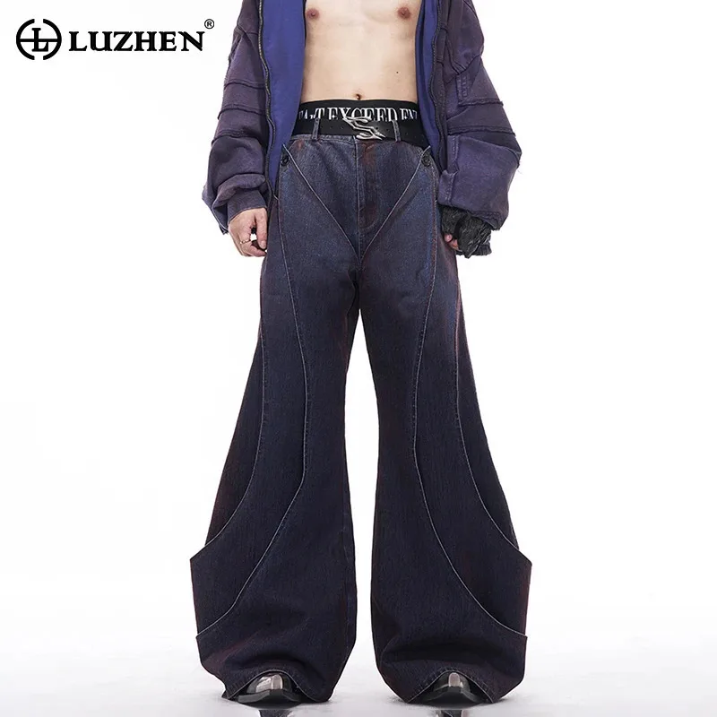 LUZHEN High-end Deconstruction Jeans Men's Gradient Color Curved Knife Wide Leg Denim Pants Original Patchwork Streetwear LZ8063