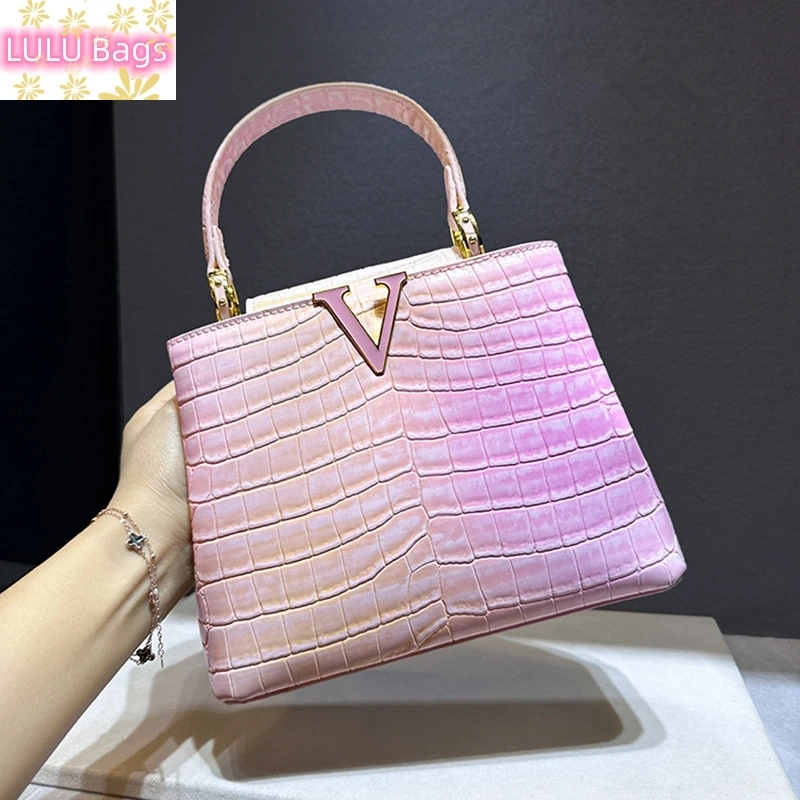 Genuine Leather Women Handbags Gradient Crocodile Pattern Lady Tote Bag 2023 Small Square Bag Top Handle Shoulder Crossbody Bags