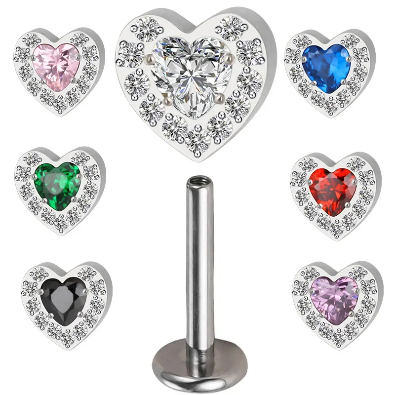 

G23 Titanium EAR PIERC heart CZ Paved Top Ear Studs Labret Lip Stud Cartilage helix Earrings Wholesale Body Piercing Jewelry