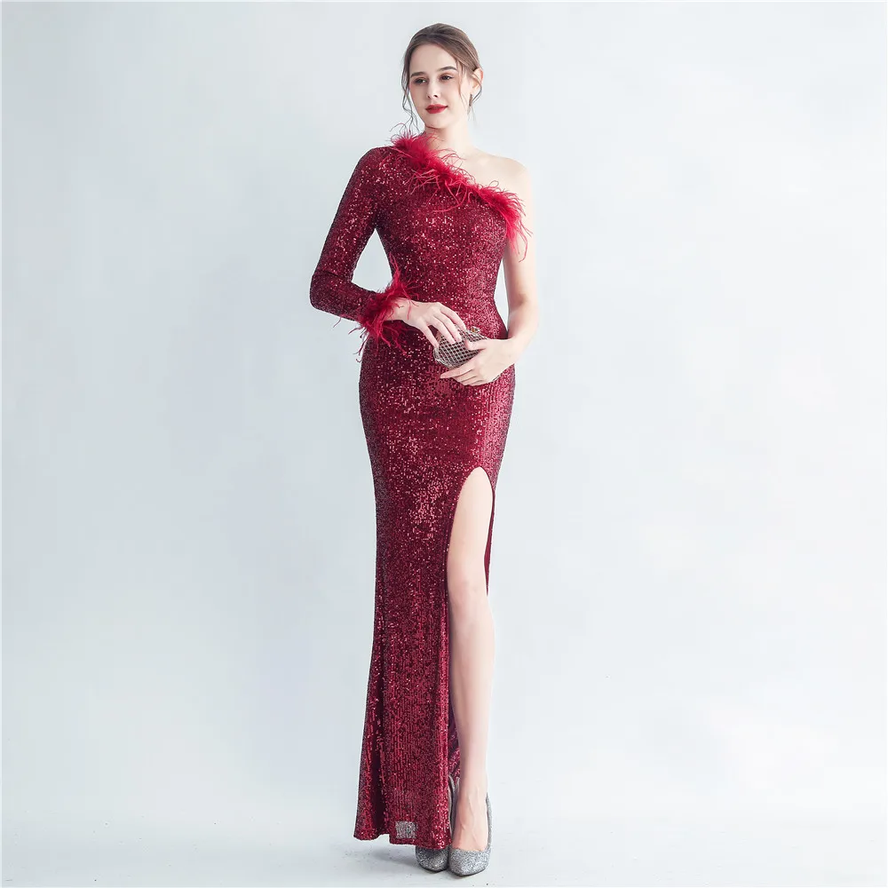 Luxury Elegant 2023 Evening Special Ocassion Prom Party Wedding Guest Long Dress Sequin Glitter Split with A Bling and Feathers