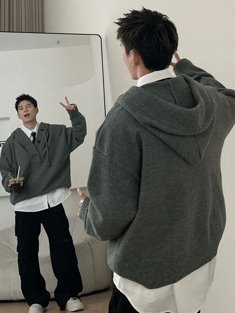 

Мужской зимний кардиган в американском ретро-стиле, свободного кроя, с капюшоном, вязаный, из плотной ткани, класса люкс