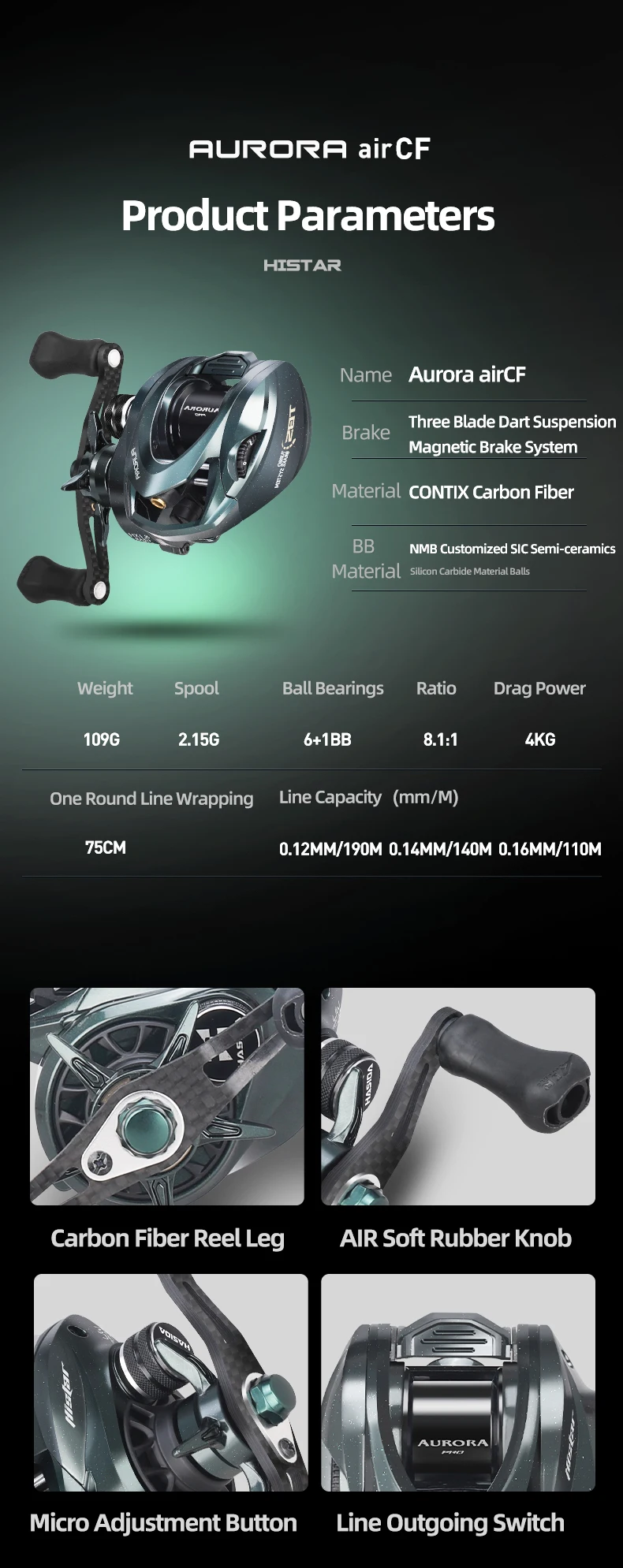 Histar Aurora AIR BFS Baitcasting-Rolle mit Bait Finesse System, Leichtköder, AT7 Aluminiumspule, 115G UL, 3D Dynamische Magnetbremse – Detail 2