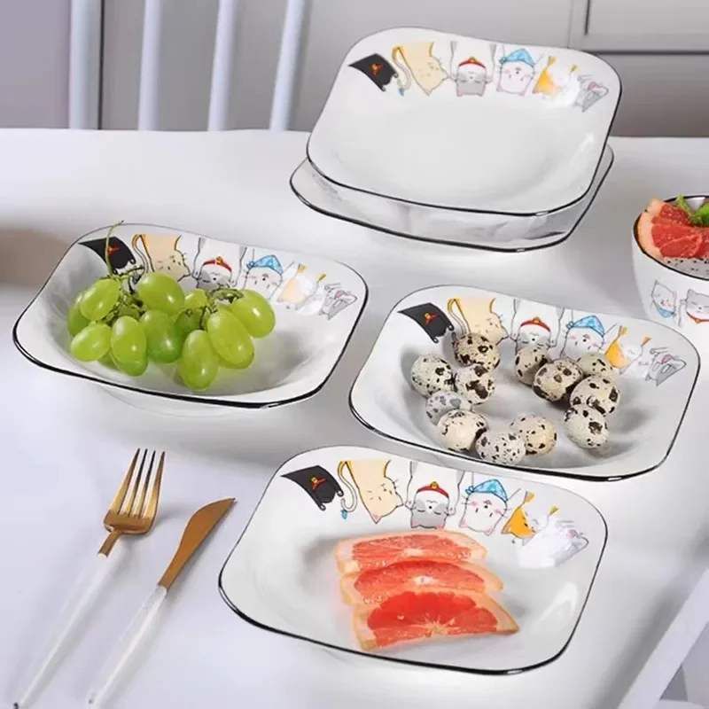 Ceramic Dinner Plates Household Plate Cute Cat Pattern Tableware Cartoon Dishes Breakfast Dessert Cake Tray Utensils Dinnerware