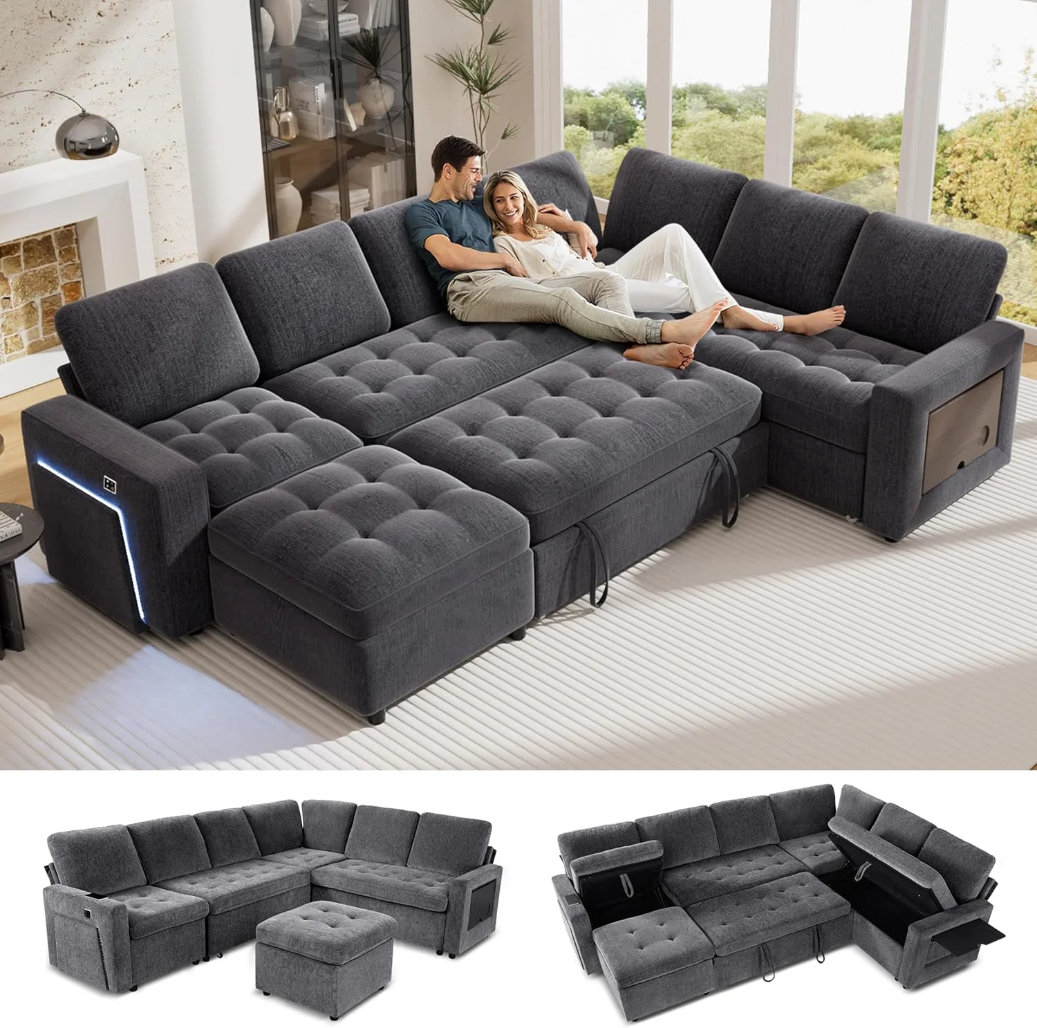 Hcore 7-Seat Modular Sectional Sofa Pull-Out Bed Reclining Backrest USB Ports Table LED Lights Storage Seats Tool-Free Assembly