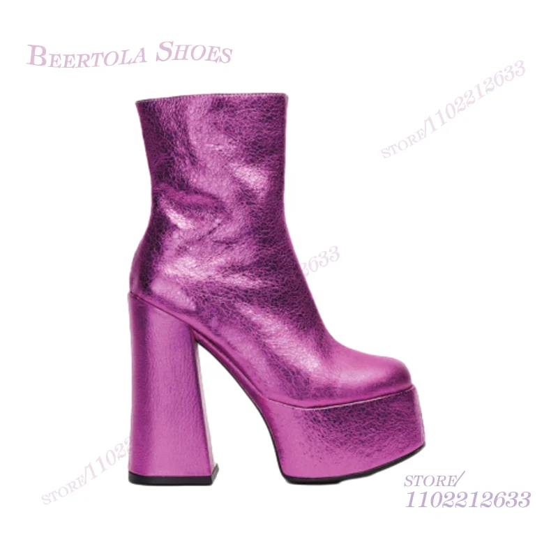 Purple Silver Dark Pattern Diamond Platform Ankle Boots Women Matte Leather Custom Fabric Ankle Calf Booties Chunky Heel Shoes