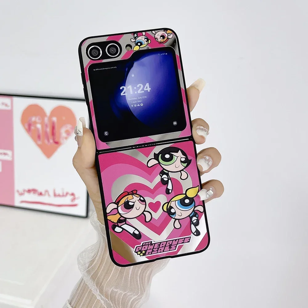 Cute Cartoon Powerpuffs Girls Mirror with Bracelet Phone Case for Samsung Galaxy Z Flip 3 4 5 5G PC Anti-drop Back Cover Funda