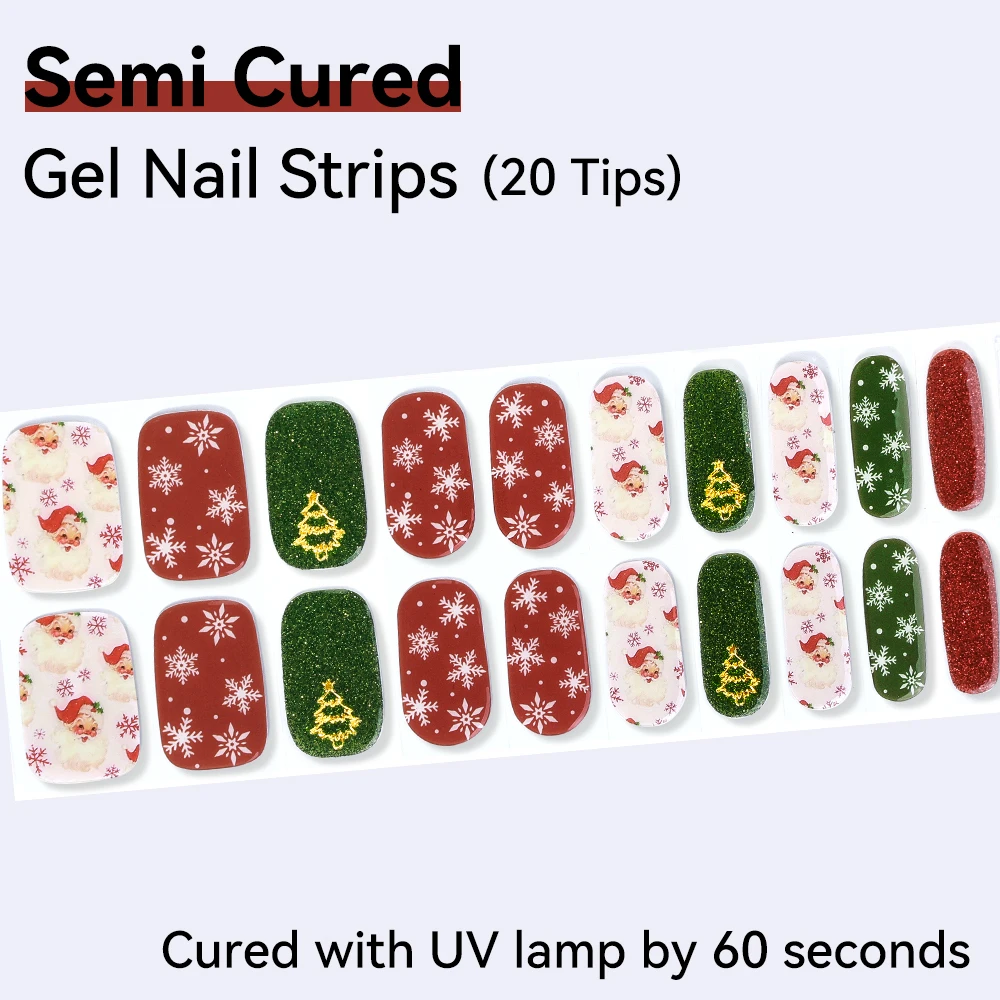 20 Tipps rote Weihnachts-Gel-Nagelaufkleber, Schneeflocken, Stern, Glitzer, Linien-Design, backfreie Nagelfolien, selbstklebender Weihnachtsnagel