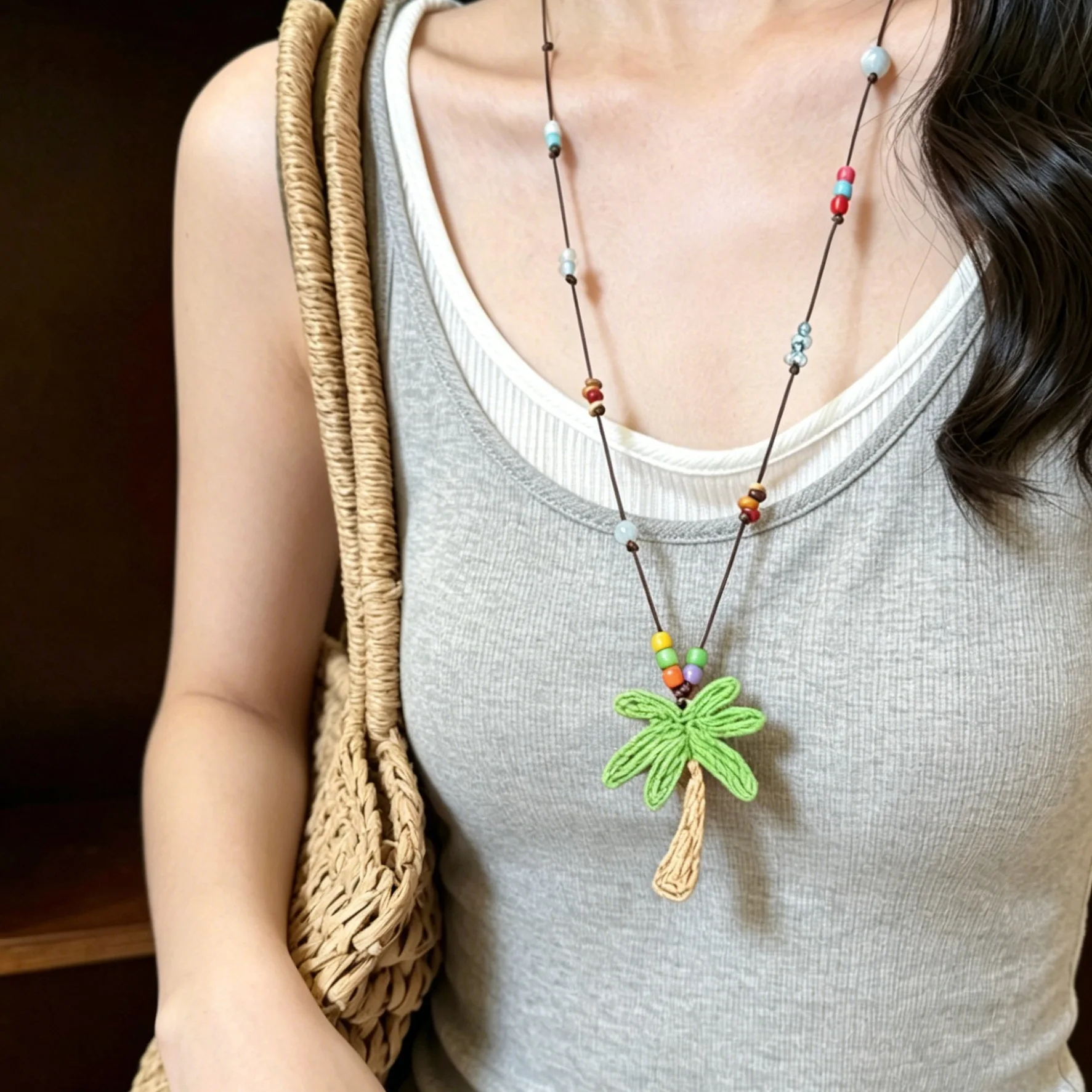 Beach Vacation Coconut Tree Beaded Layered Necklace Minimalist Unique Design Collarbone Choker Versatile Daily for Women