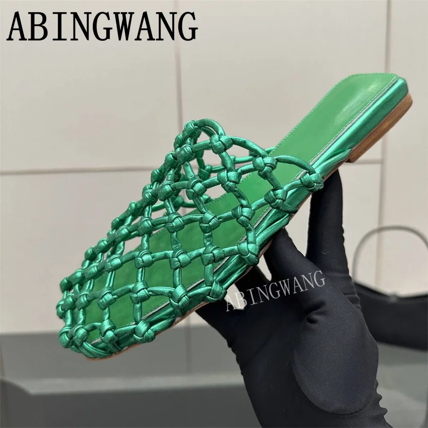 

2026 Summer New Leather Knitting Hollow Out Slippers for Women Slip On Round Toe Casual Daily Shoes Women Sandals