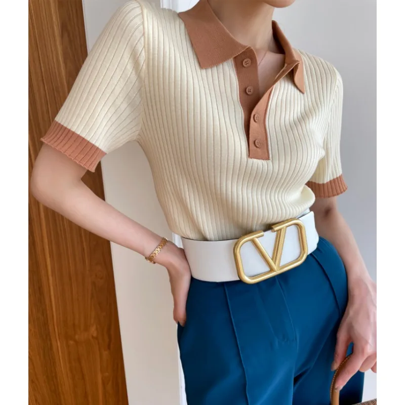 Polo Neck Knit Sweater Women Short Sleeve T-shirt High-end Slim Korean Chic High-end Tops Patchwork Women Clothing Thin Pullover