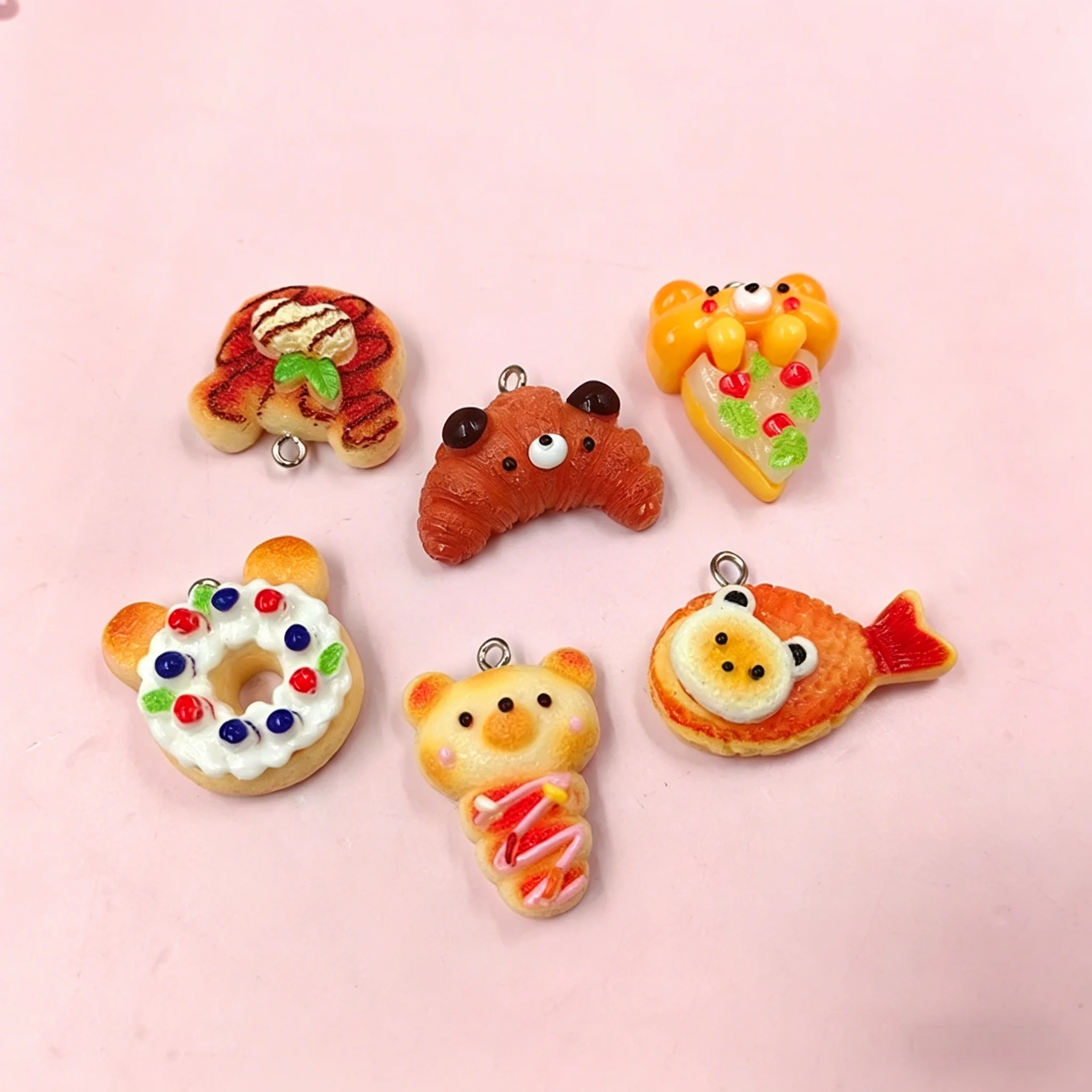 10Pcs Kawaii Animal Bread Resin Charms, Cute Bear Fish Food Pendants for DIY Keychain & Jewelry Making Accessories