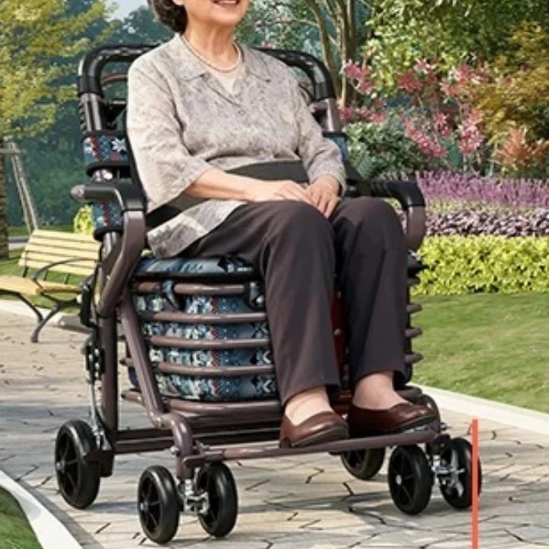 

Foldable Rolling Walker with Seat Wide Cushion Large Capacity Storage Shopping Trolley for Elderly Push Pull Mobility Aid