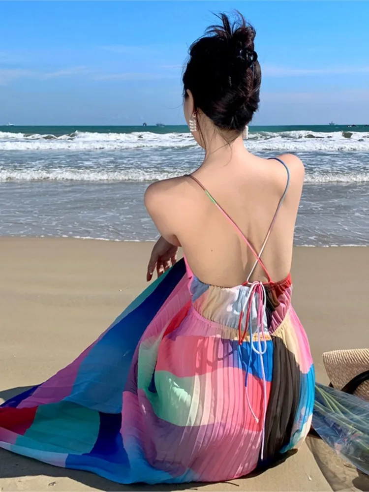 Elegant Summer Rainbow Wave Stripe Slip Women Dress V-Neck Backless Beach Style Holiday Long Dress Pleated Bandage Lady Clothing