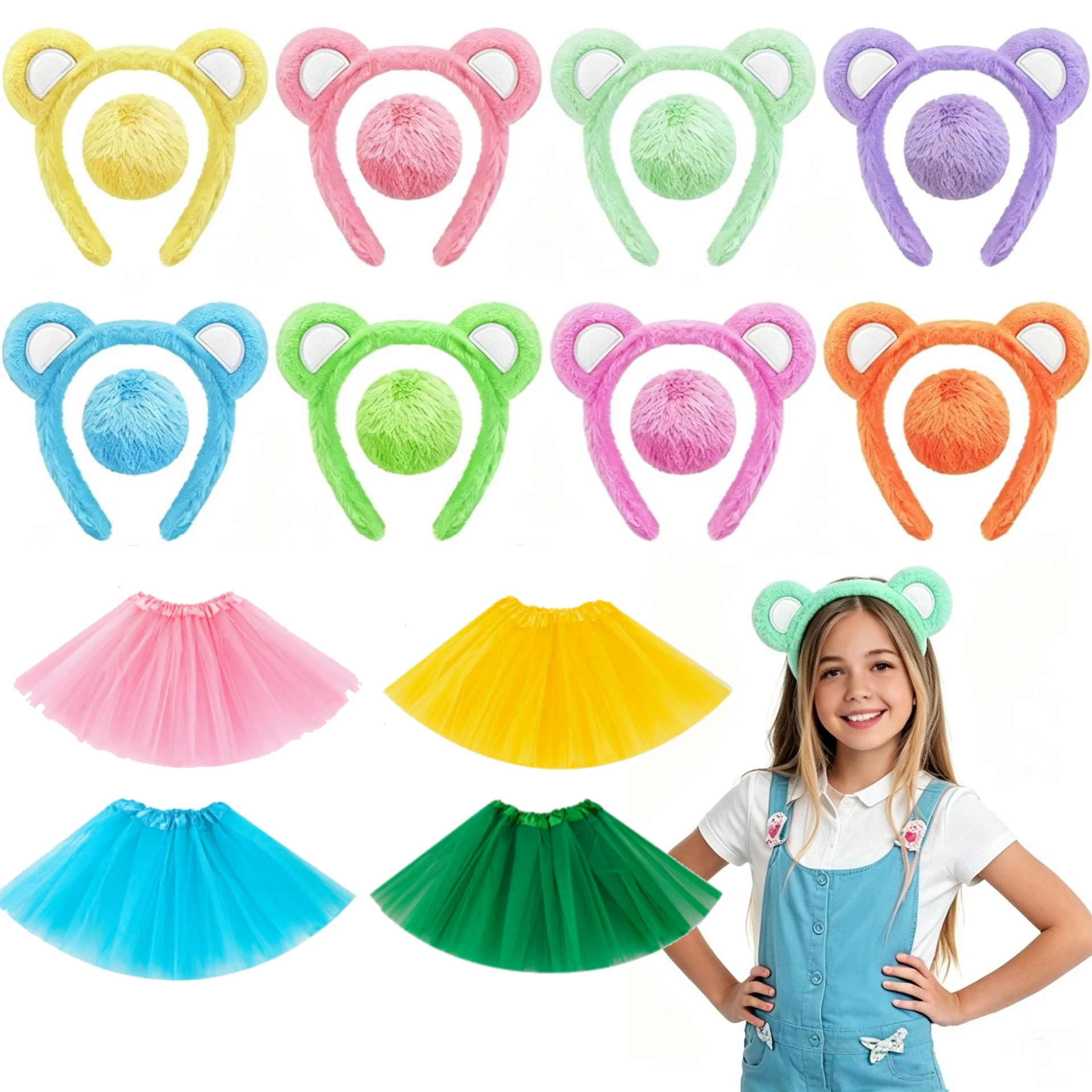 Cute Cartoon Bear Headband Bow Tie Tail Tutu Skirt Cosplay Costume Set Halloween Costume Cosplay Party Fancy Dress Props