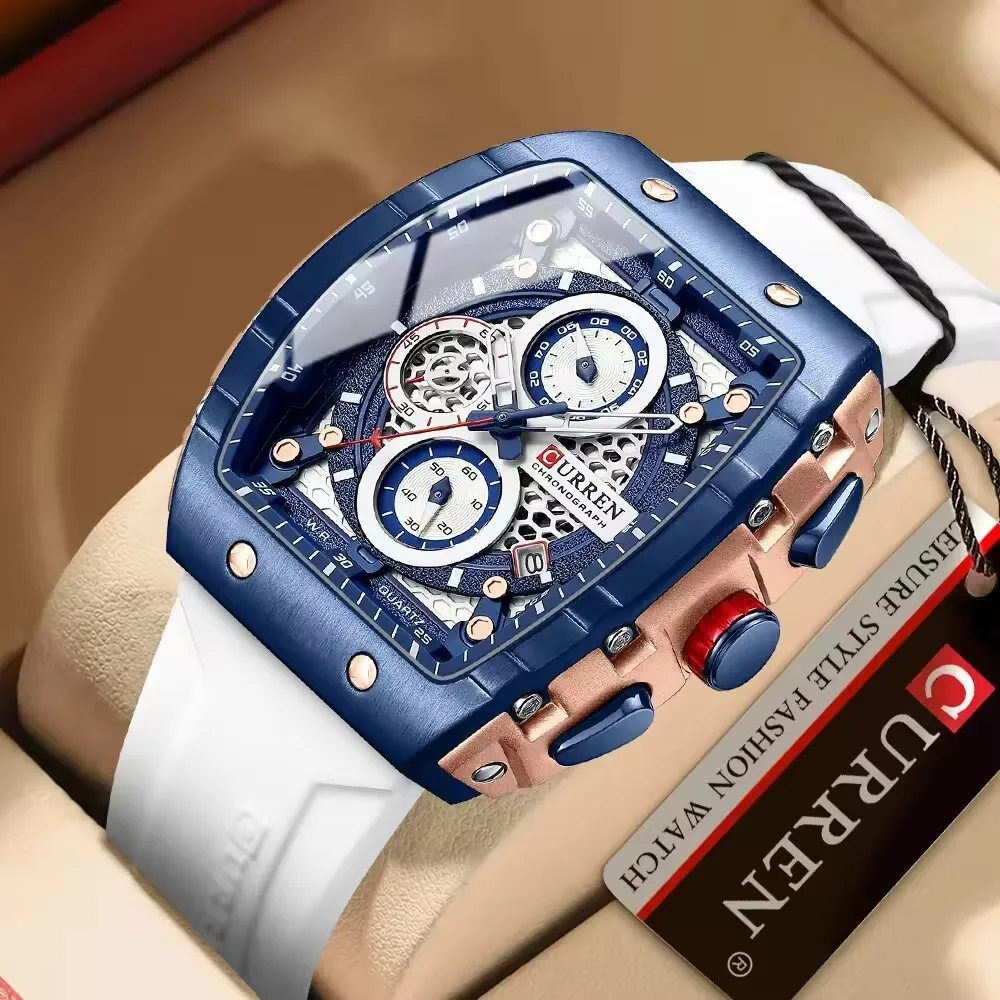 Curren 8442 Sport Business Quartz Unique Square Watches with Large Dial Silicone Bands Watches for Men часы мужские наручные