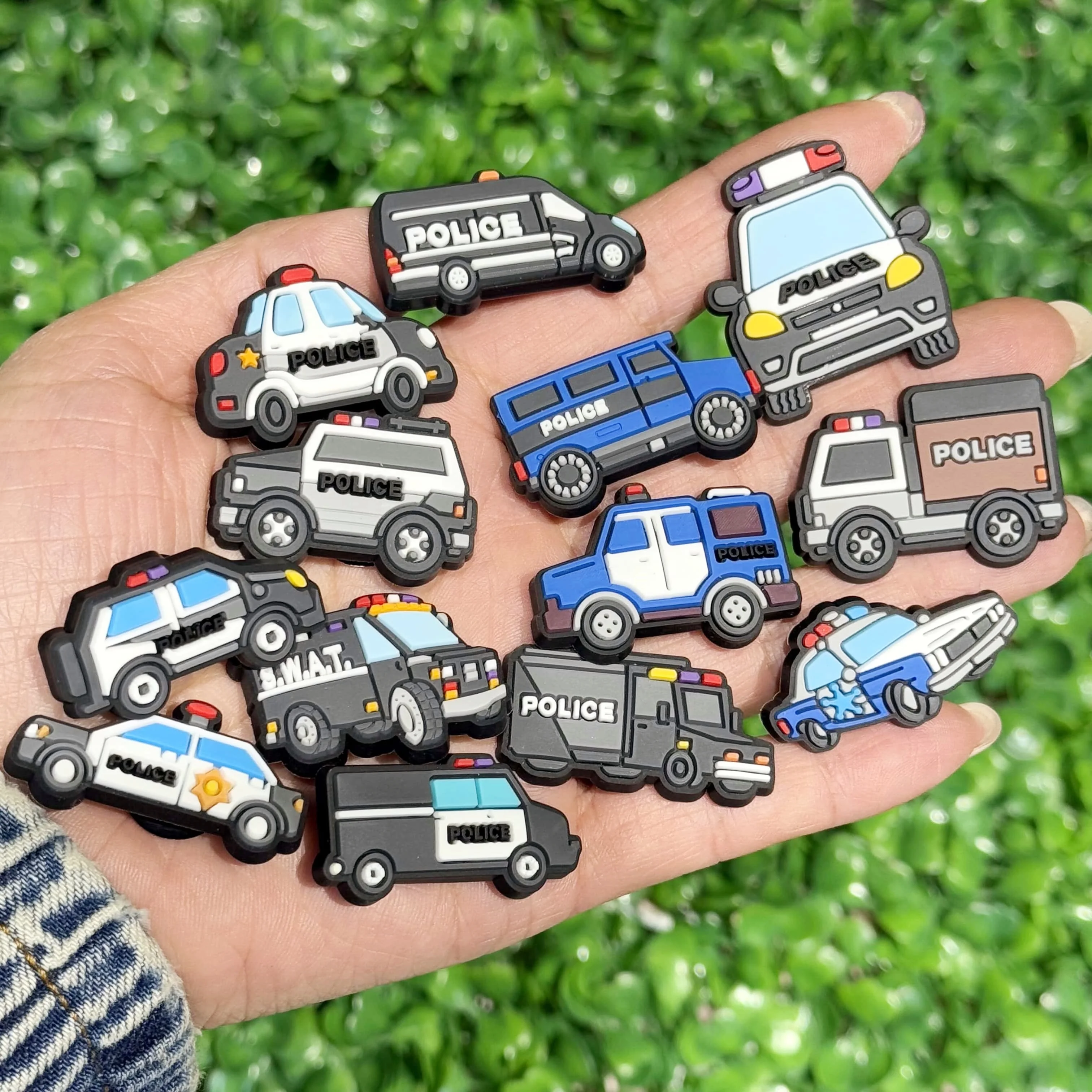 13PCS Cartoon Vehicles Police Car PVC Shoe Charms For DIY Bracelets Sandals Shoes Accessories Garden Shoes Button Decoration