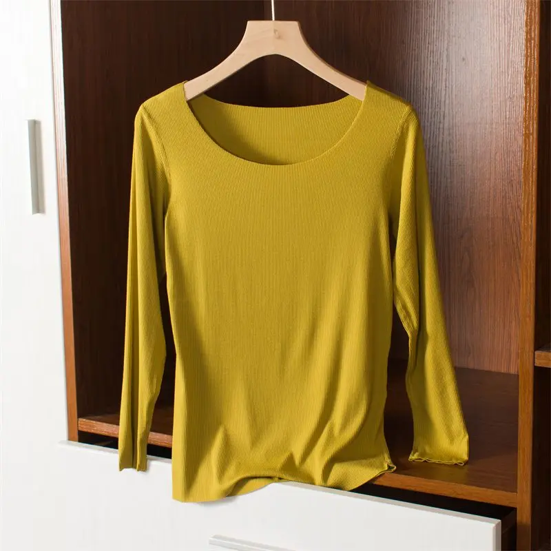 Seamless Long-sleeved T-shirt for Women in Autumn Winter Thin Modal Inner Top Round Neck Bottoming Solid Slim Cotton Coat