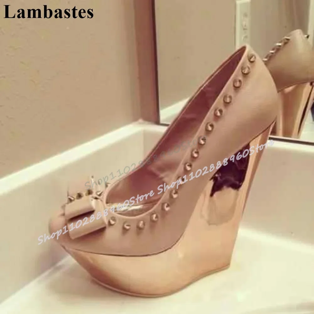 

Nude Leather Metallic Platform Bowknot Rivets Pumps Wedges High Heel Women Shoes Slip On Peep Toe Party Casual Gorgeous Pumps