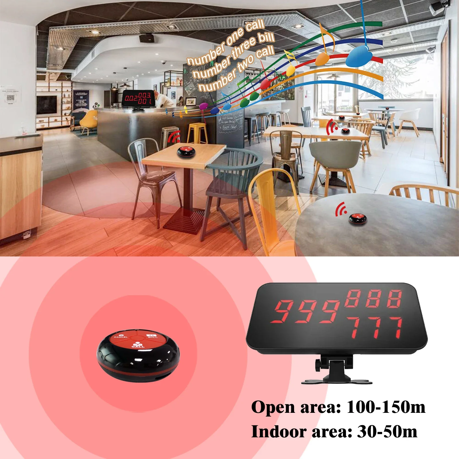 Ycall KOQI Restaurant Waiter Call System 3-Digit Number Display Host Receiver 10 Hookah Call Bell Button Voice Monitoring Pager