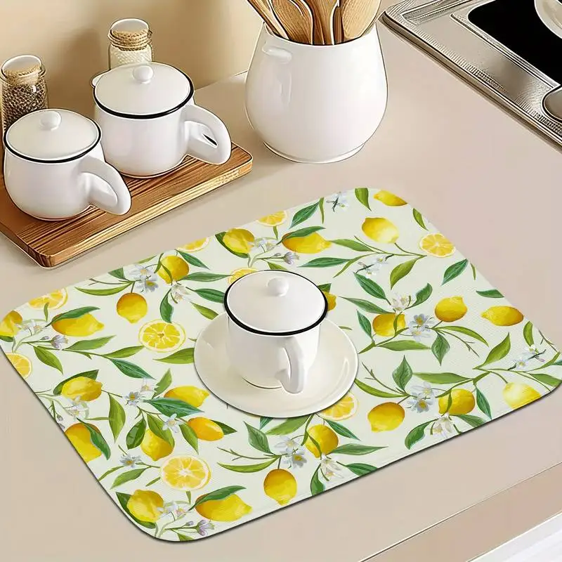 Fresh Lemon Print Tableware Drying Mat Kitchen Restaurant Sink Counter Coffee Machine Mat Diatomaceous Earth Draining Mat Desktop Heat Insulation Mat