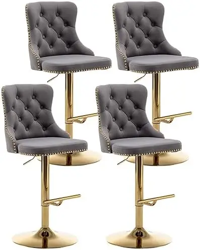 Velvet Bar Stools Set of 4, Counter Height Bar Stools with Button & Nailheads Trim, Gold Swivel Barstools for Kitchen