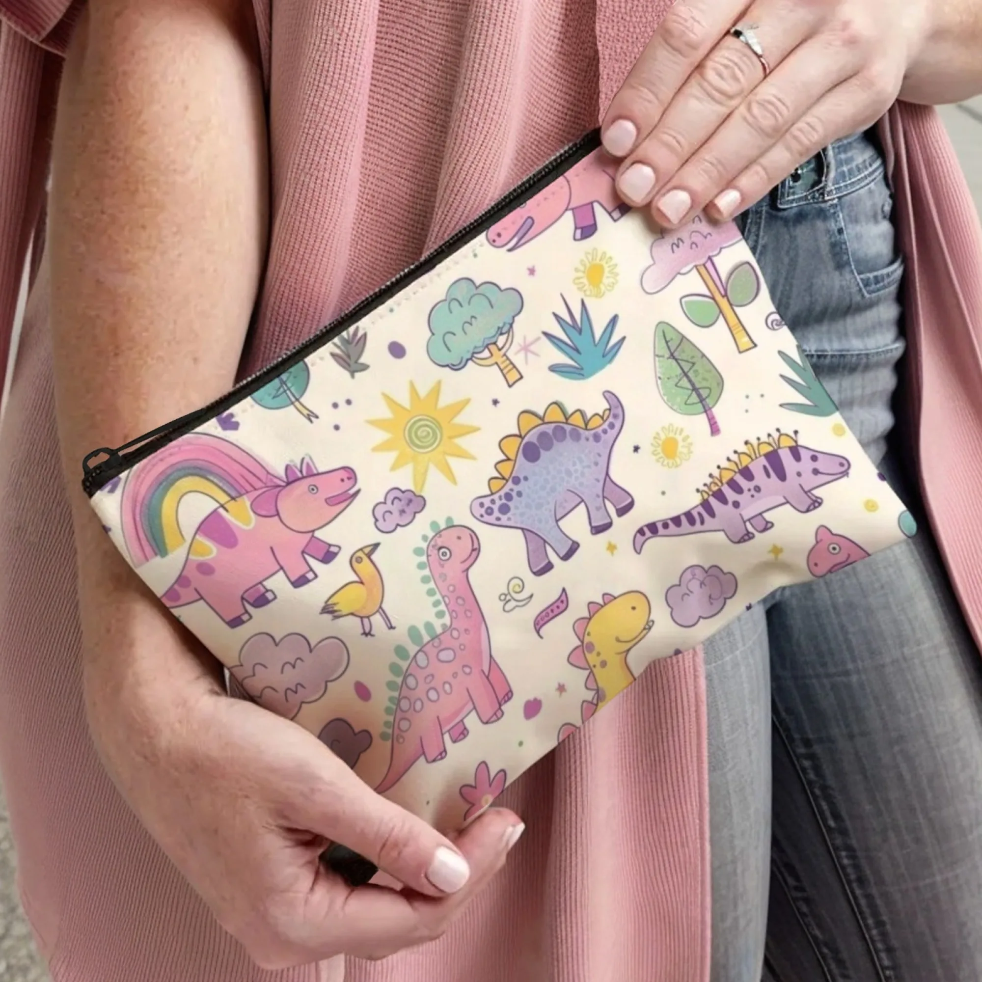 Cute Dinosaur Pattern Print Canvas Makeup Bag with Zipper, Colorful Cartoon Cosmetic Organizer ,For Girls Travel & Daily Gift