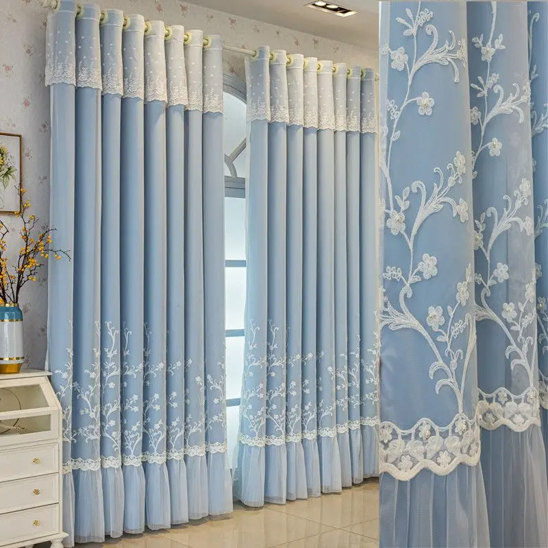 Korean Princess Style Double Layer Curtain Integrated Sheer & Fabric with Simple Luxury Design Romantic Curtain for Bedroom