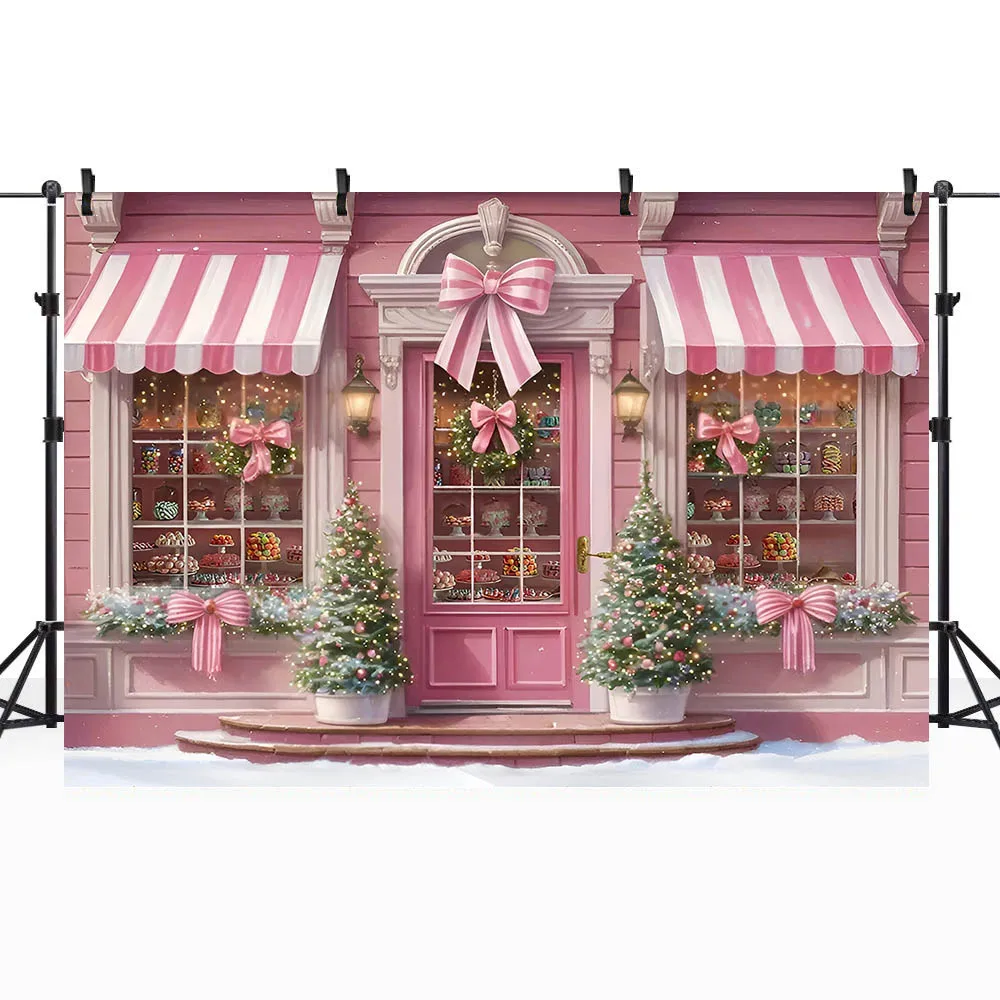 Mocsicka Photography Background Pink Dessert Shop Christmas Winter  Snow Xmas Tree Girl Princess Portrait Photo Backdrops Studio