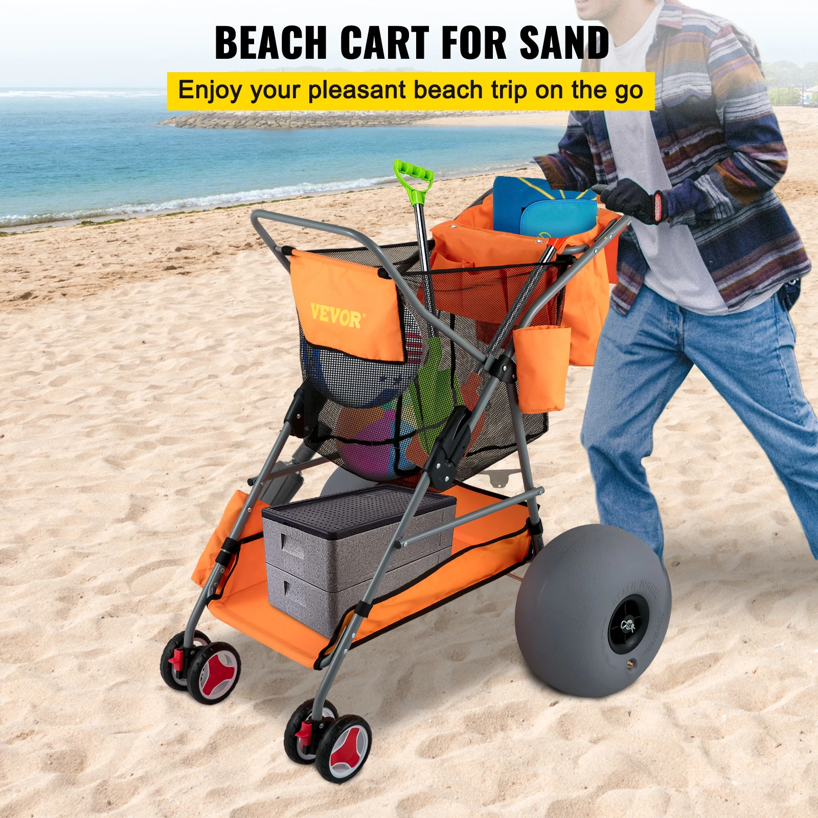 VEVOR  Folding Wagon Cart Orange/Blue Portable Outdoor Camping Beach Multifunction Adjustable Handle for Picnic Bbq Trolley