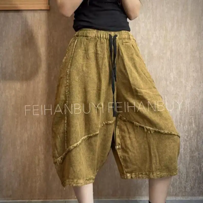 New Arrival 2026 Spring Summer Arts Style Women Elastic Waist Loose Casual Calf-length Pants Vintage Linen Spliced Harem Pants