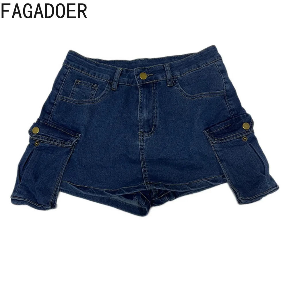 FAGADOER Denim Blue Fashion Elasticity Mini Skirts Shorts Women High Waisted Button Slim Skirts Female Pocket Matching Bottoms