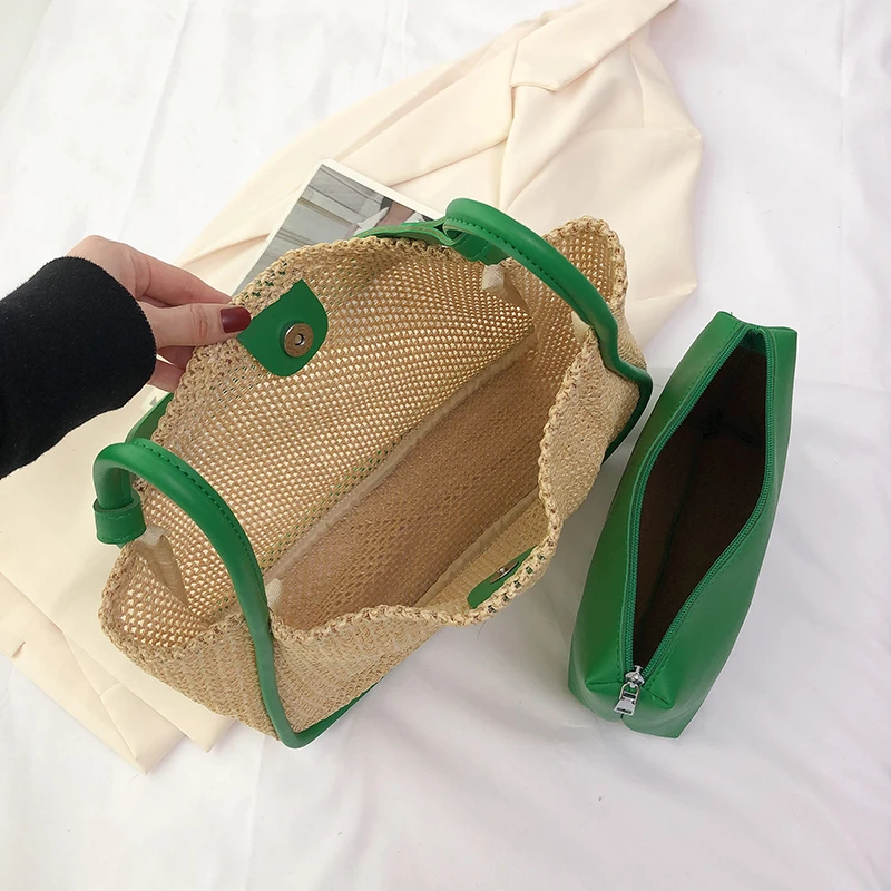 Straw Bag Women Hand-Woven Handbag Quality Leather Shoulder Bags Beach Totes Lager Capacity Shopping Bag Rattan Bucket bolsos